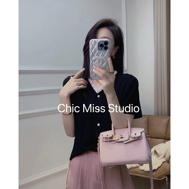 【黑色】开衫外套2981超柔软高品质V领蕾丝短袖上衣