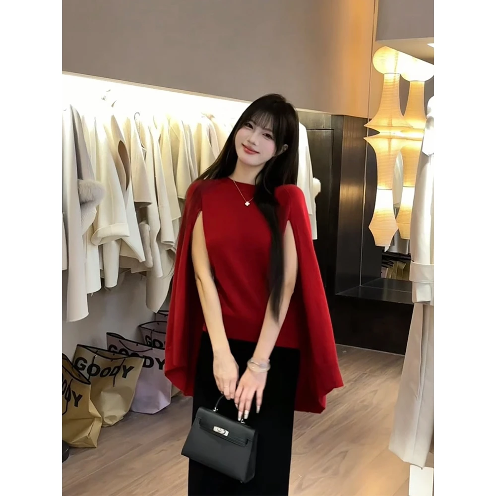 925优雅精致红色斗篷针织披肩女早秋季外搭披风围巾围脖两用上衣