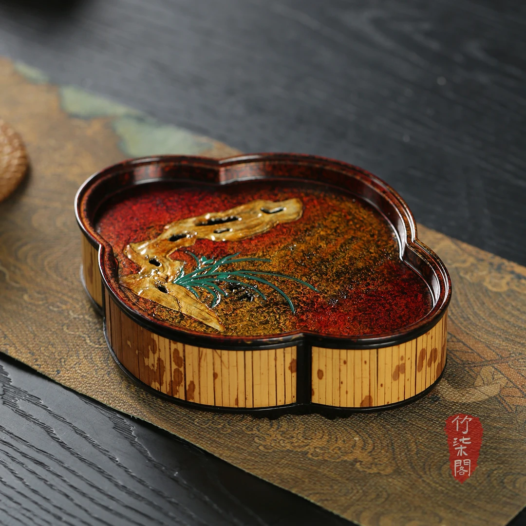 新中式大漆古篱梅妃竹锡海棠壶承竹编茶承储水茶托干泡台茶盘茶具