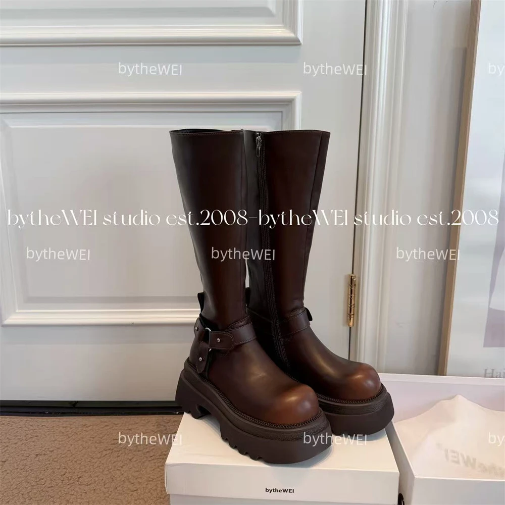 bytheWEI【复古骑士】秋冬新款长靴复古擦色显瘦显腿直高筒靴女