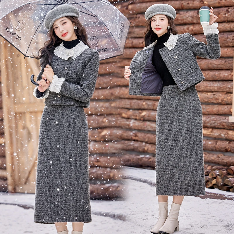 小香风套装2025秋冬新款富家千金感气质灰色毛呢半身裙两件套