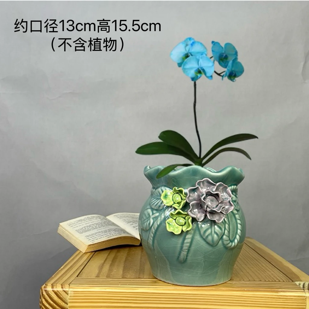 陶瓷手工拈花冰裂绿植盆玉钱袋子多肉花盆复古透气家用盆