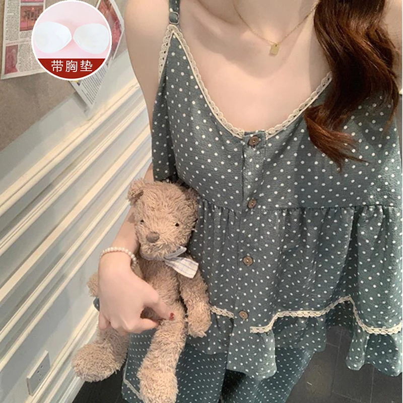 韩版吊带睡衣夏季女款带胸垫可外穿无袖甜美圆点简约高级感家居服