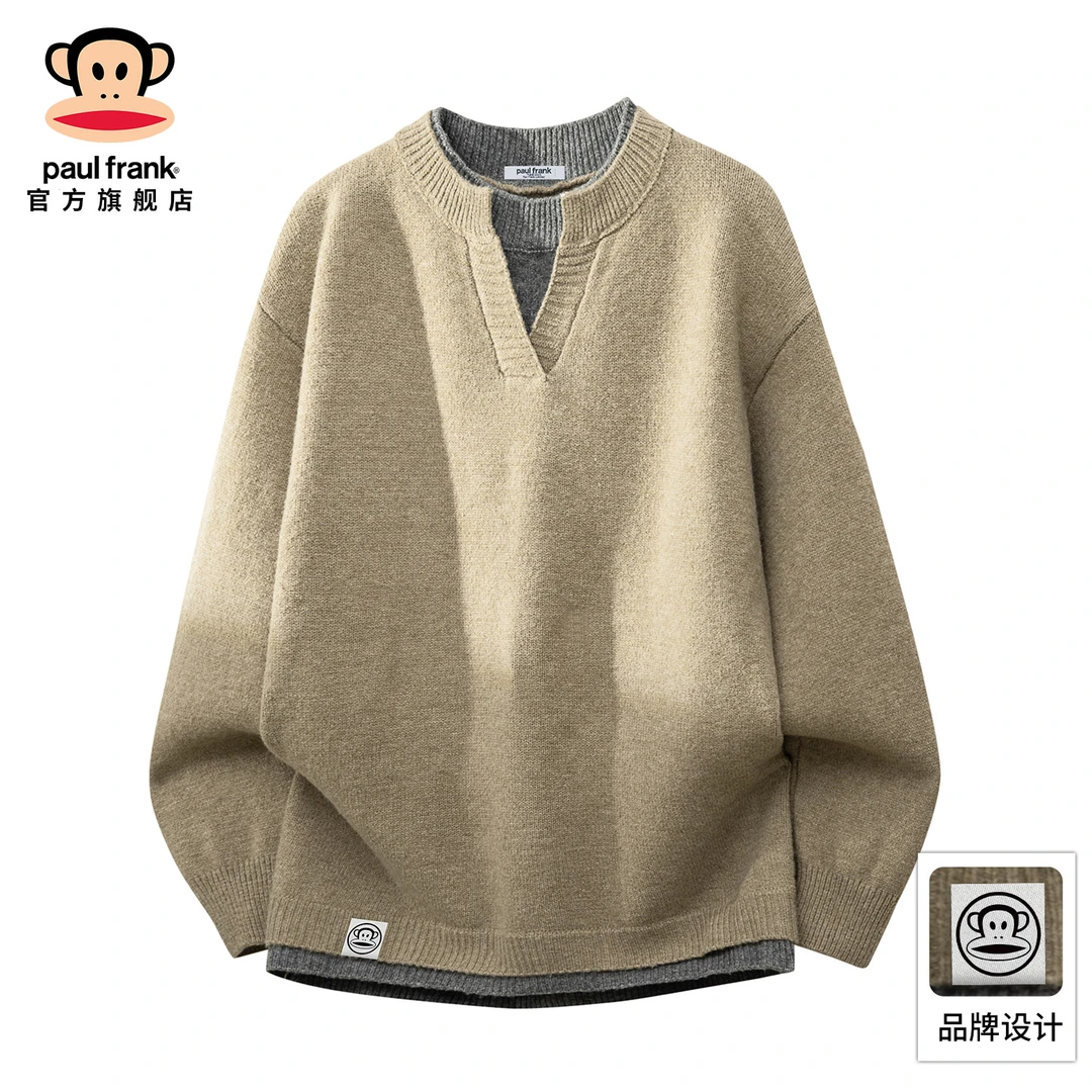 PaulFrank/大嘴猴假两件纯色保暖毛衣男秋冬新款宽松休闲针织上衣