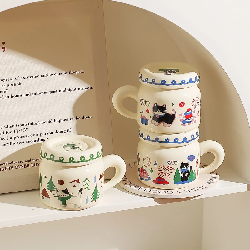 川岛屋陶瓷马克杯带盖杯子家用喝水杯高颜值情侣对杯办公室咖啡杯