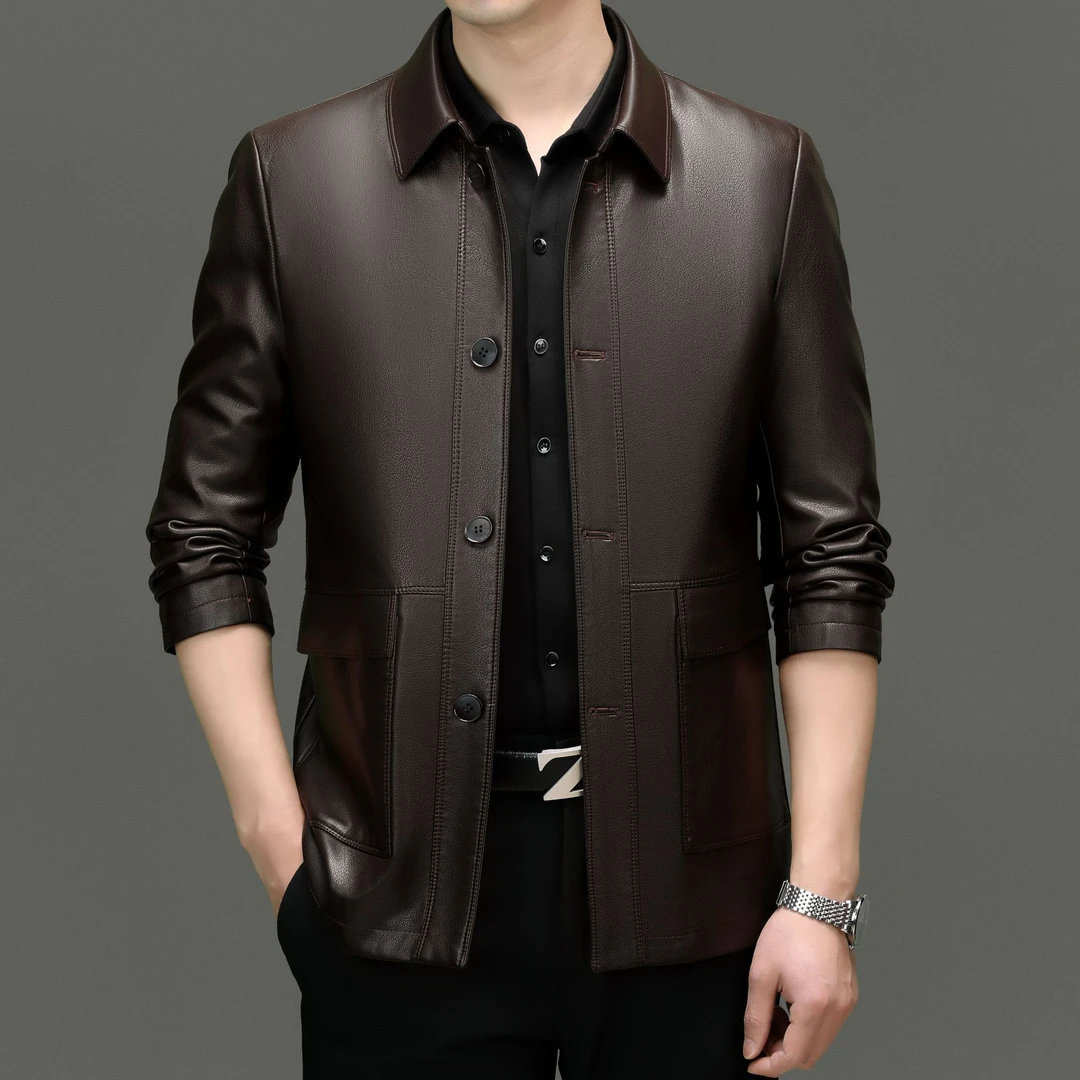 【海宁精选】男士秋冬商务休闲翻领（纽扣款）手工真皮山羊皮外套1