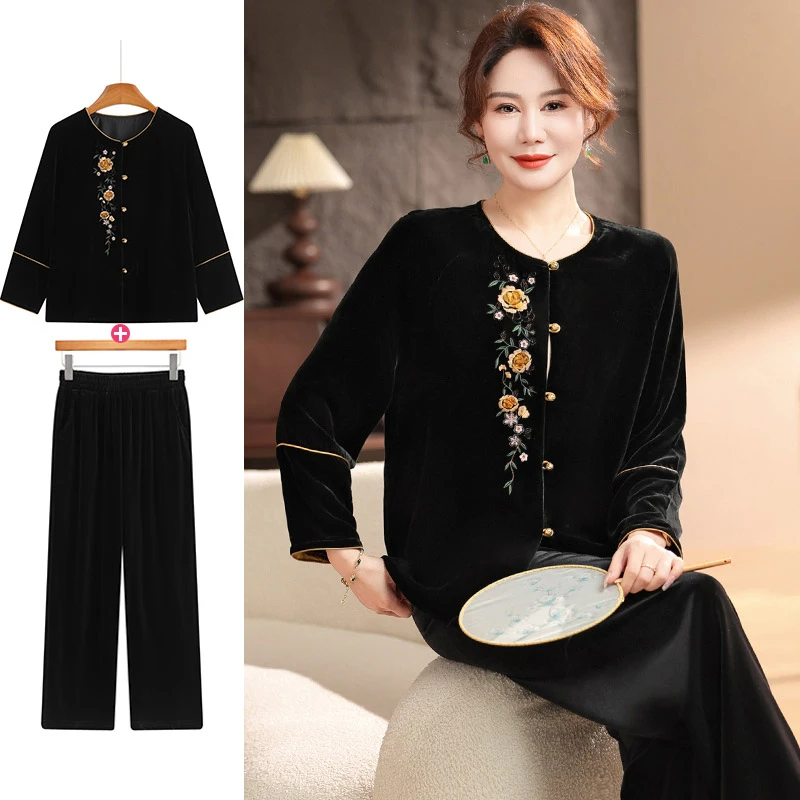 中老年套装女春秋2025新款母亲中年妈妈装春装金丝绒洋气休闲衣服