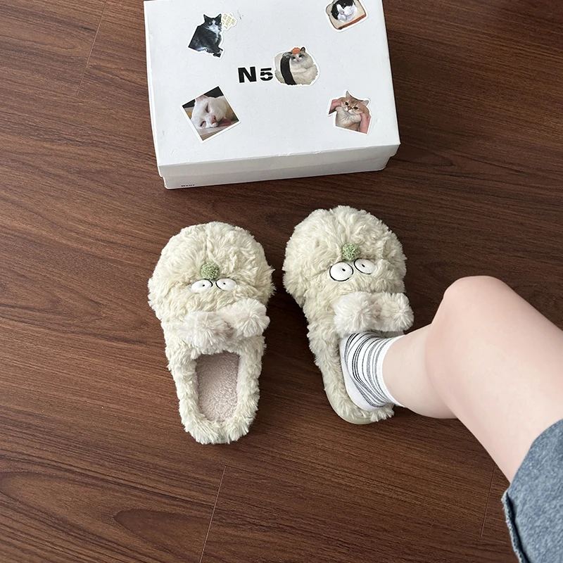 可爱卡通大眼睛毛毛拖鞋女2025秋冬季新款外穿毛茸茸舒适包头拖潮