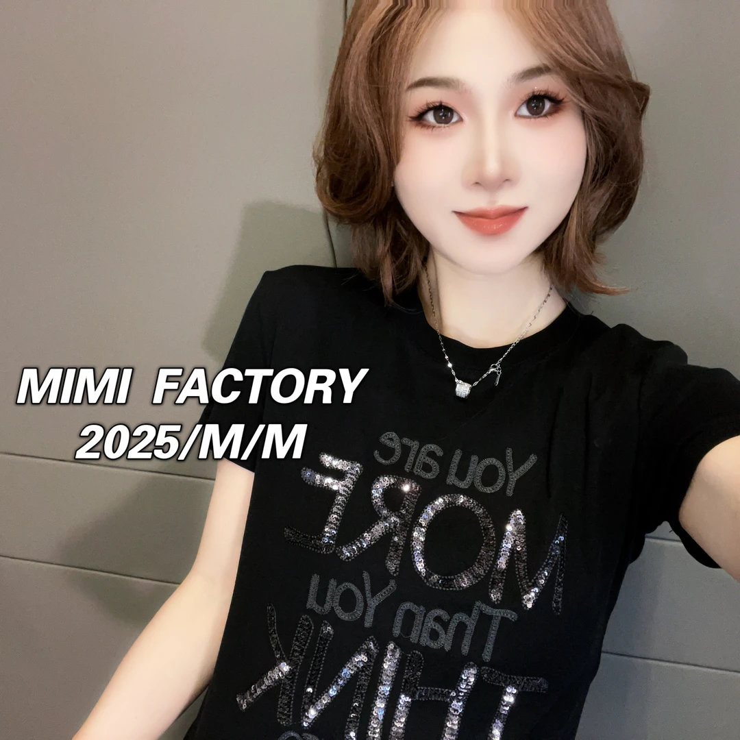 芈芈 2025新款短袖 闪亮片字母短袖T恤女时尚修身显瘦上衣 2524