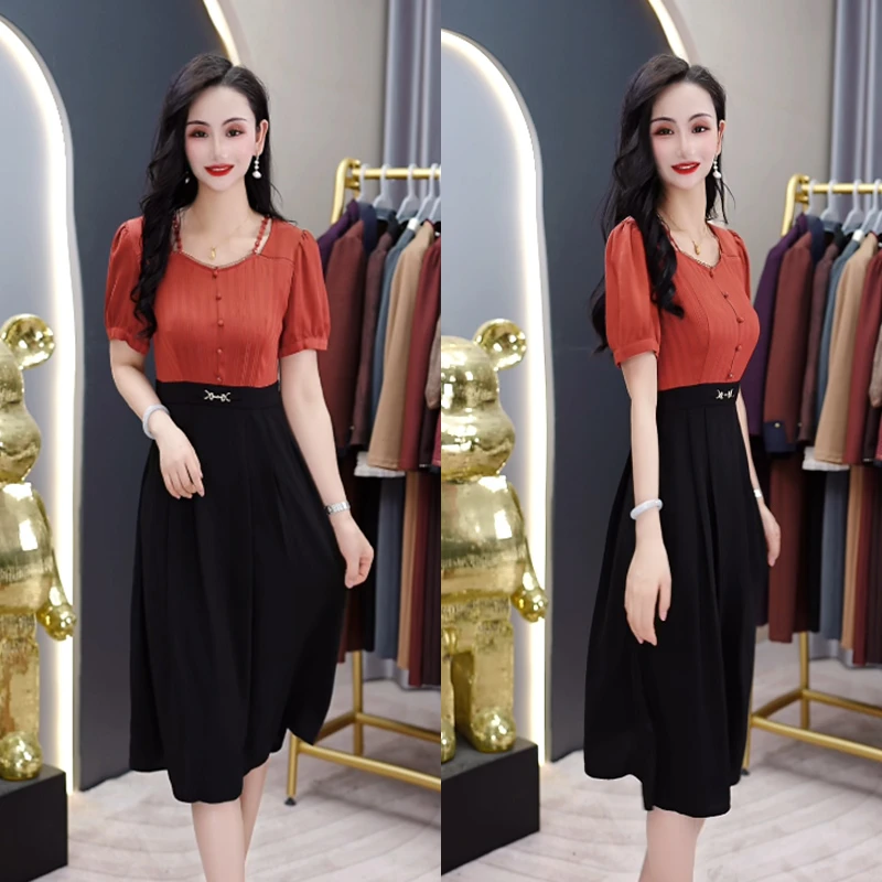 2025夏季新款水溶刺绣蕾丝肩带手工亮片双丝绉珍珠纱假两件短袖裙