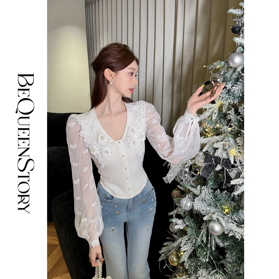 余潇潇【纯欲栀香】蕾丝花朵钉珠领拼接乔其纱修身上衣