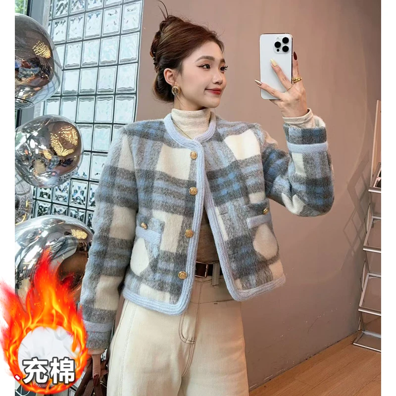 洋气加厚蓝色格子小香风女2024年冬季气质奶油风高级感保暖外套