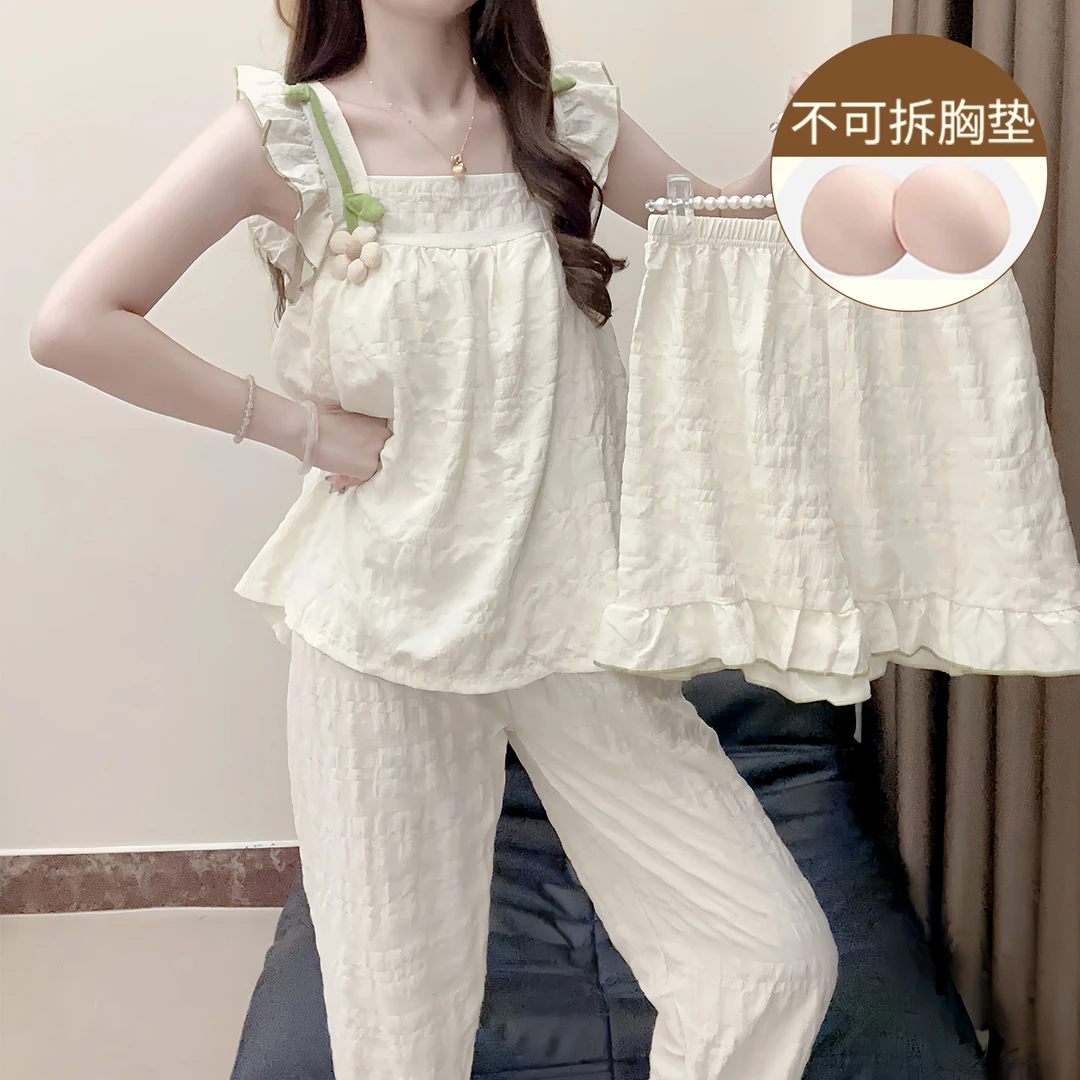 带胸垫睡衣女甜美温柔风小飞袖三件套装新款夏季天少女薄款家居服