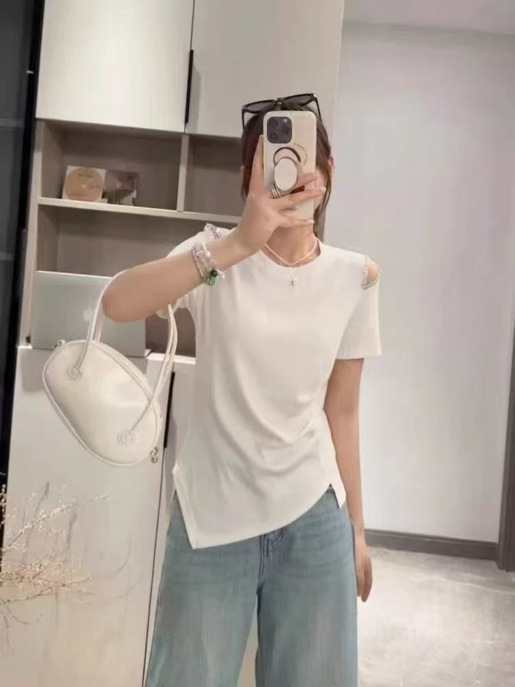 *子怡*修身杂志风百搭半袖T恤钉珠简约显瘦短袖8630
