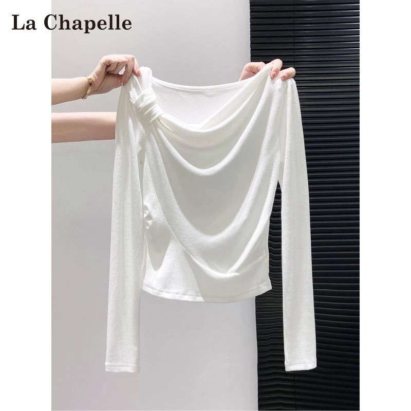拉夏贝尔白色斜领设计感长袖t恤女春秋修身显瘦褶皱内搭短款上衣