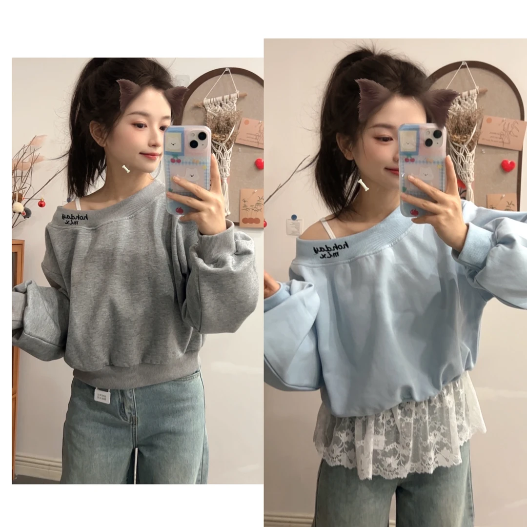 斜肩设计领口小刺绣短款套头卫衣3206