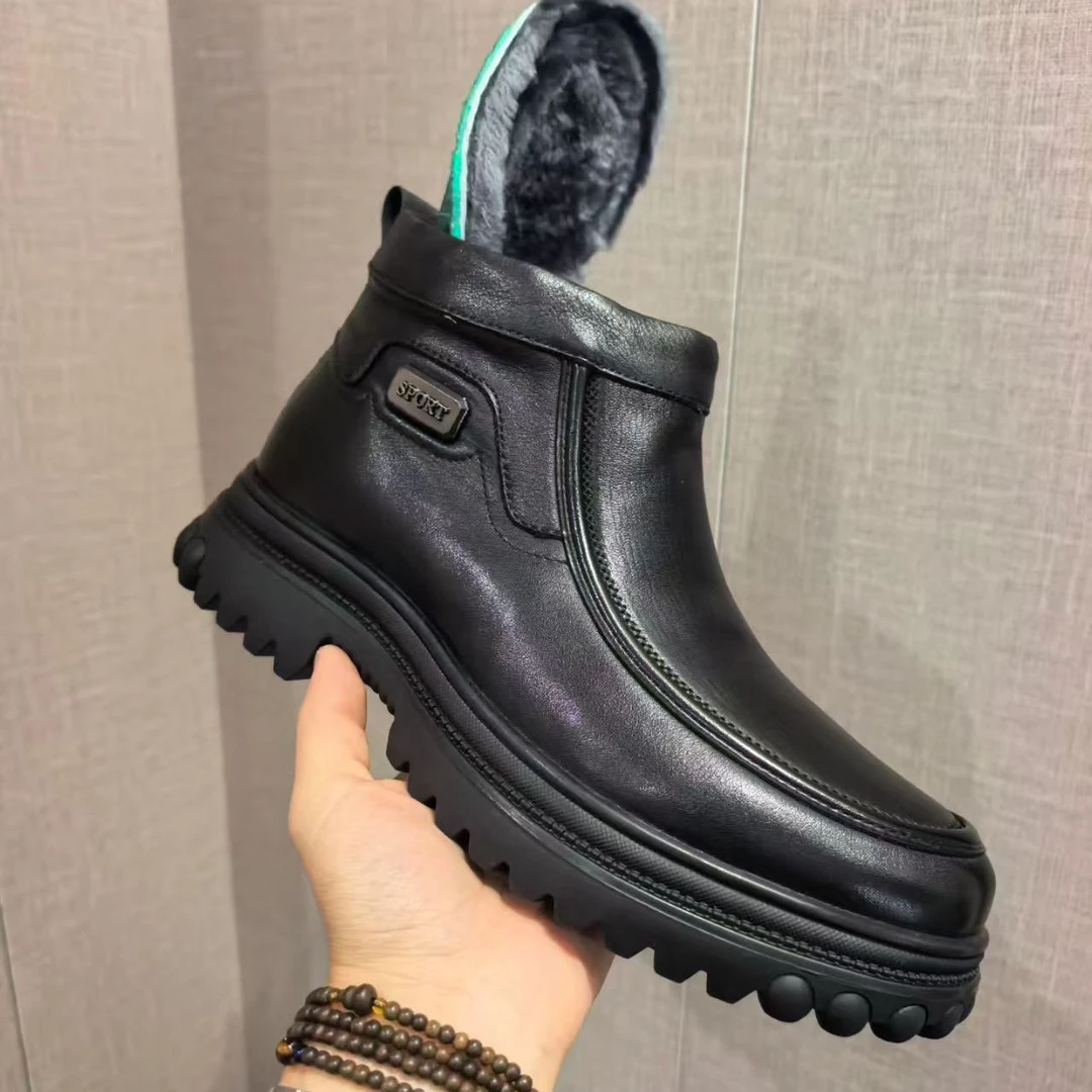 男士新款冬季纯牛皮羊毛防滑休闲皮鞋