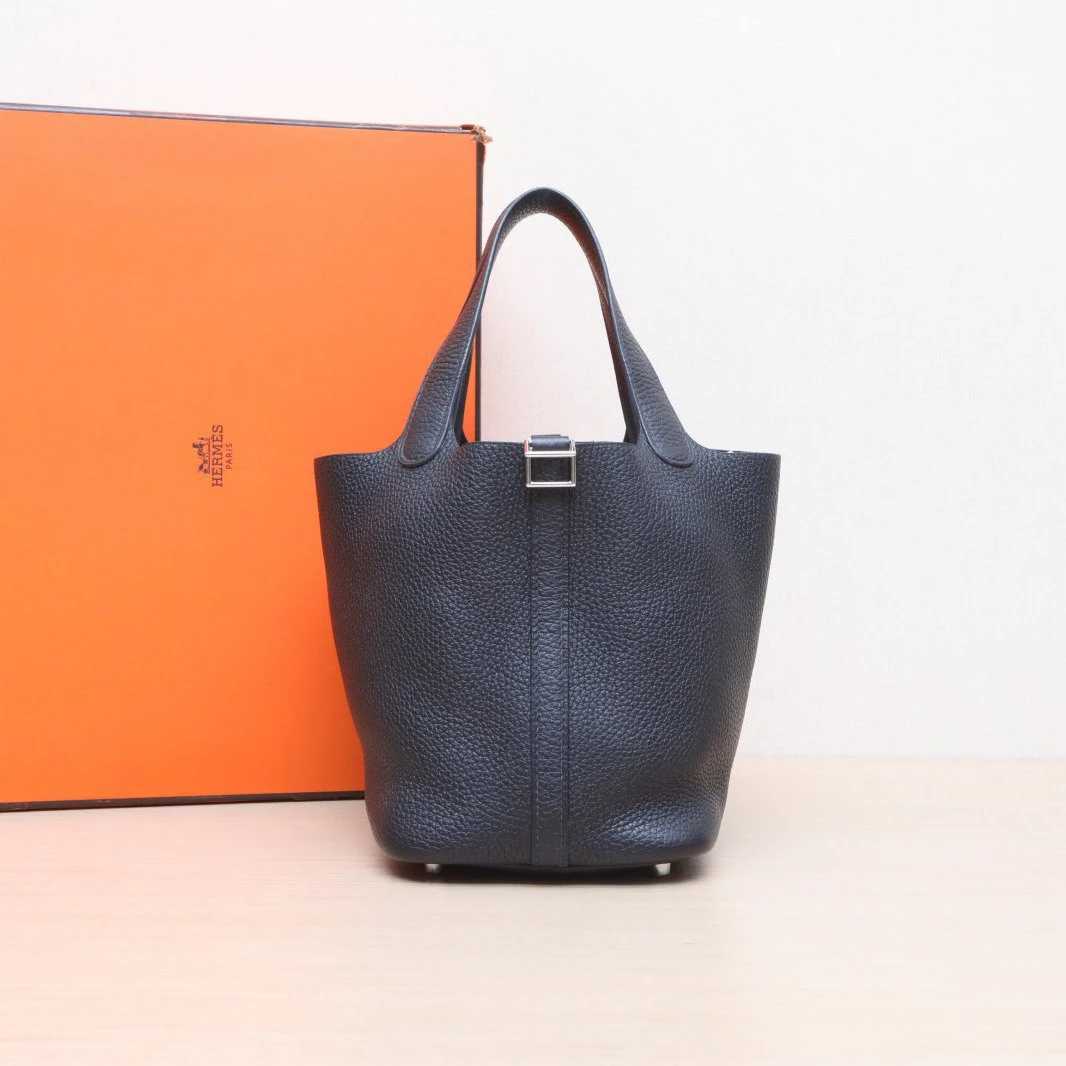 95新 Hermes/爱马仕 小花黑黑菜篮子 18 黑色 TC皮 Y刻 银扣