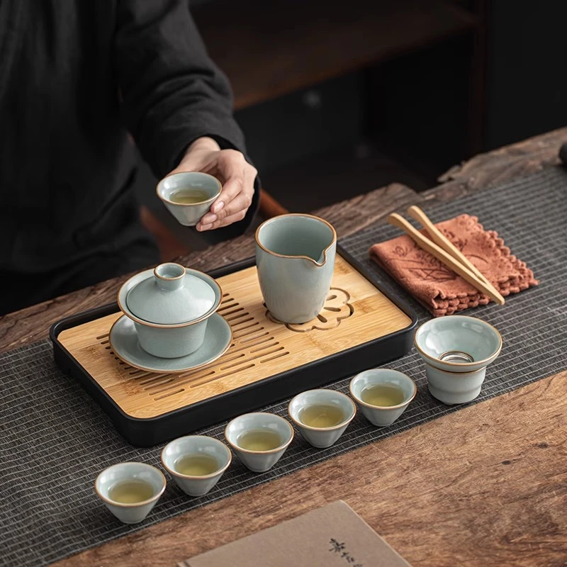 汝窑旅行茶具套装功夫茶杯茶壶盖碗便携式整套陶瓷泡茶户外茶海盘