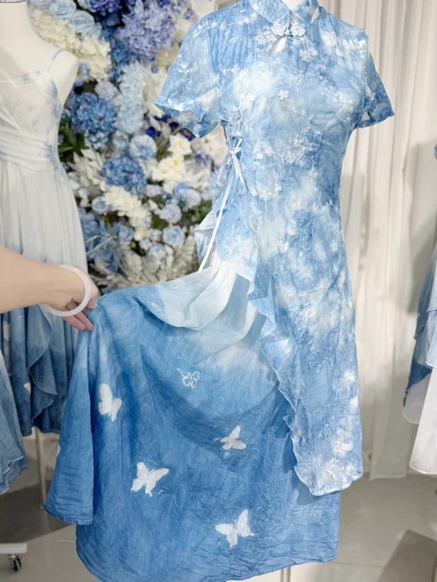 手工植物扎染蝴蝶型糊染中国风改良版旗袍款