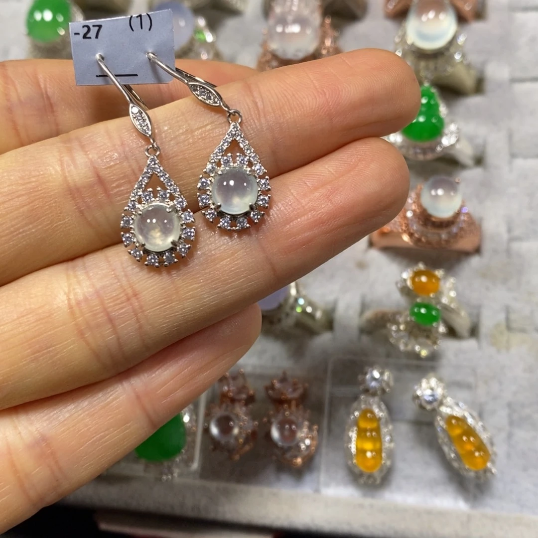 翡翠银S925镶嵌耳饰耳钩