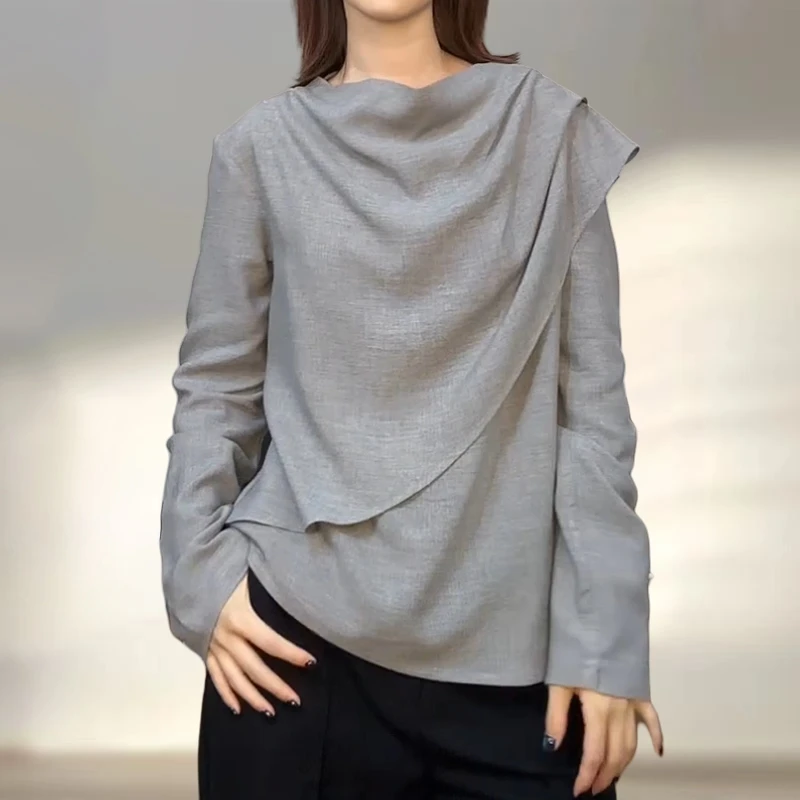 拼接荷叶领套头T恤早秋新款藏肉显瘦上衣女长袖减龄洋气胖mm大码