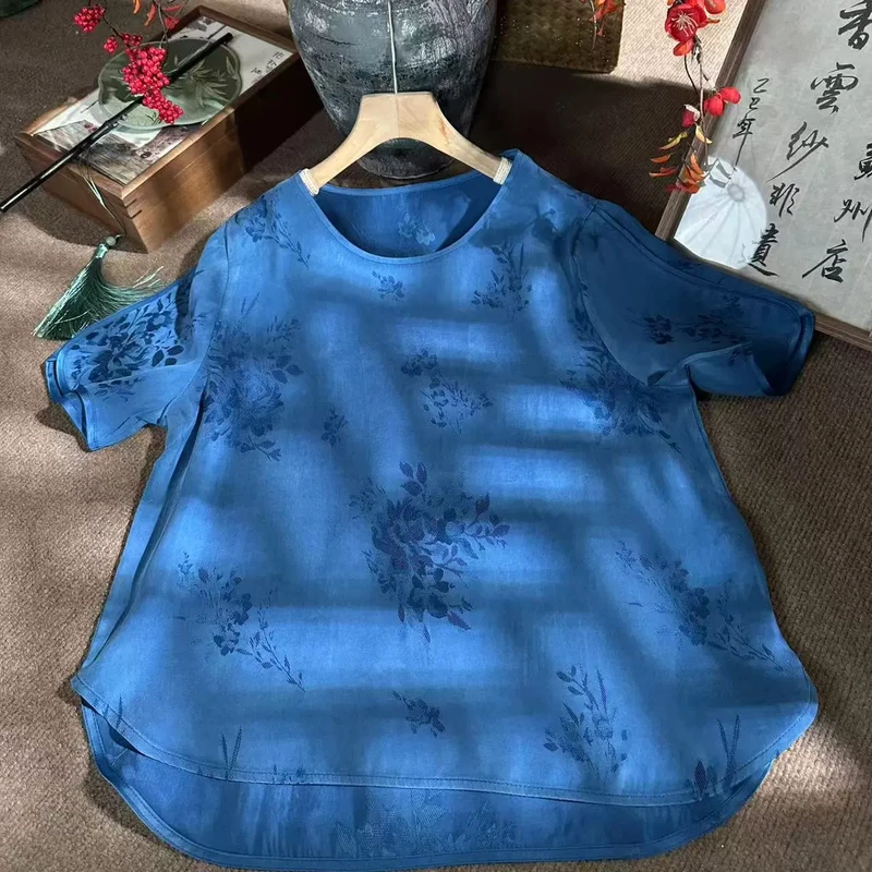 夏季新款新中式国风圆领短袖挂霜提花气质上衣
