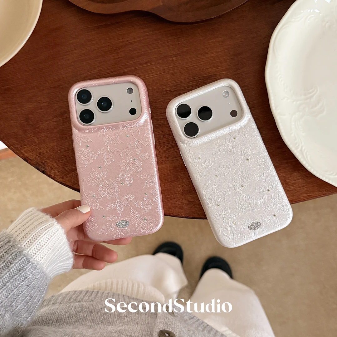 secondstudio原创小众高级感浮雕花纹皮革iPhone17水晶防摔手机壳