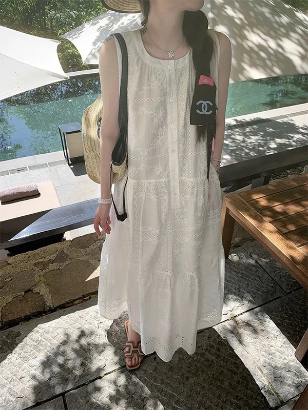 孕期夏季新款亚麻U领贝壳刺绣度假风显瘦气质连衣裙女U