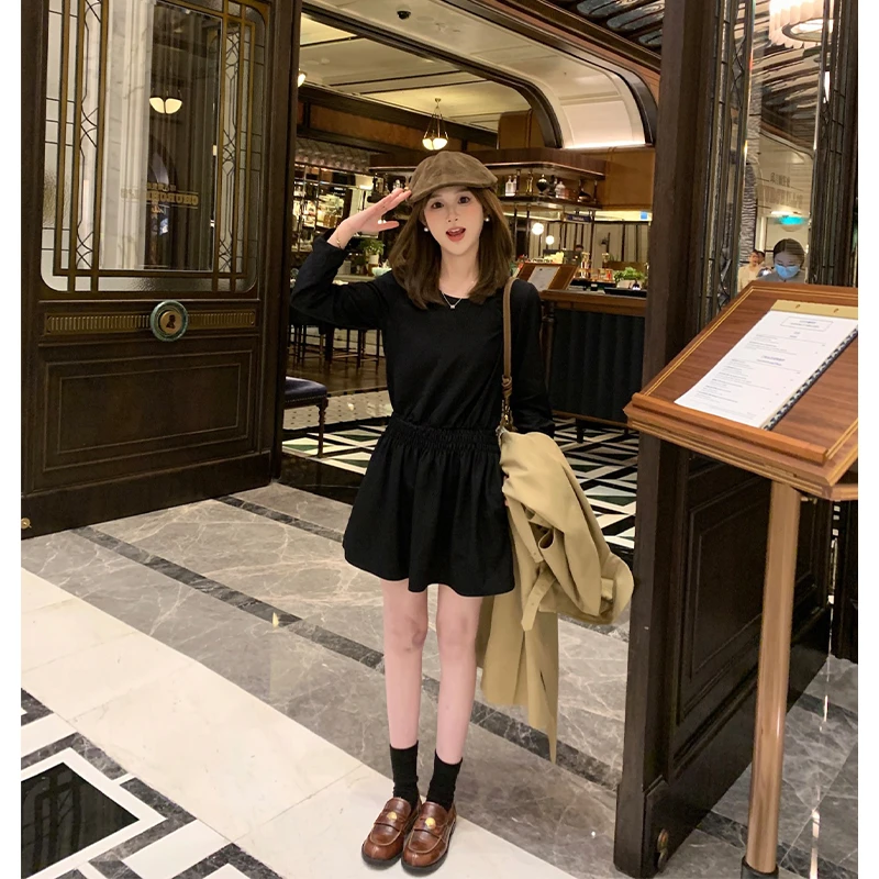FUGUI RICH小个子百搭连衣裙拼接假两件显瘦气质小黑裙法式短裙