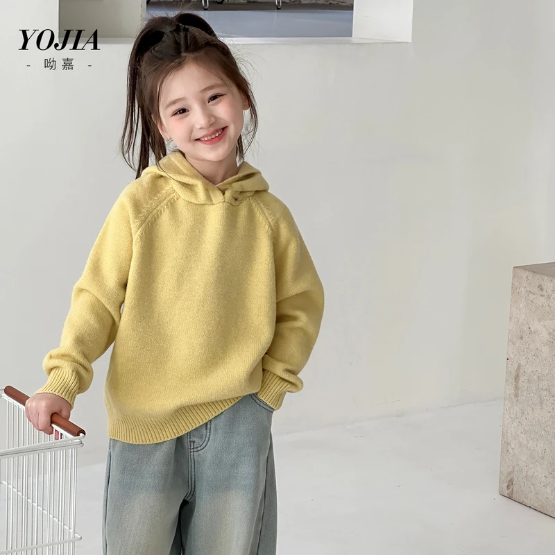 YOJIA女童毛衣冬款2025新款洋气连帽女孩针织衫内搭儿童冬装上衣