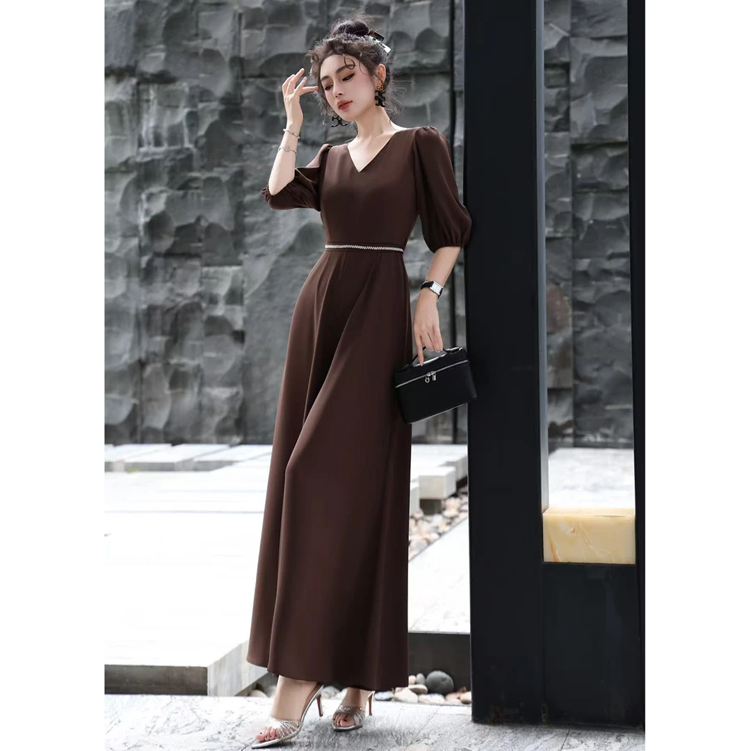 2025夏法式V领高腰大摆阔腿连体裤时尚泡泡袖显瘦气质欧美女神款