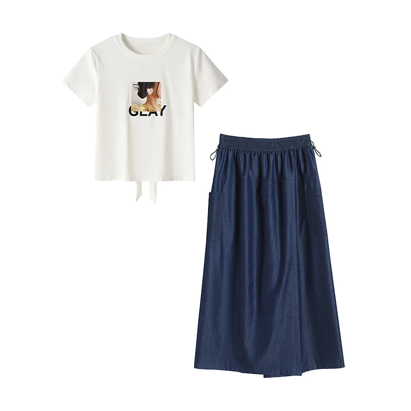 夏季穿搭一整套女新款休闲百搭设计感短袖T恤牛仔裤裙两件套2198