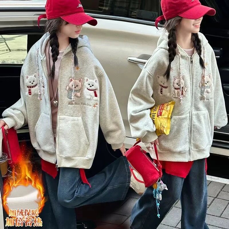 女童秋冬外套2025新款儿童洋气加绒加厚连帽冬装女孩大童宽松外套