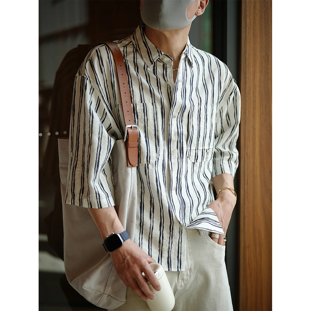 日系复古做旧条纹撞色短袖衬衫男士春夏潮流新款清爽透气翻领上衣