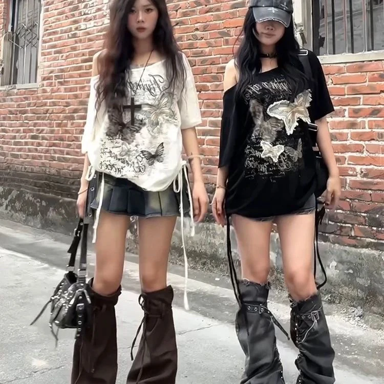 美式复古刺绣蝴蝶短袖t恤女宽松夏季废土风设计小众纯欲斜肩上衣