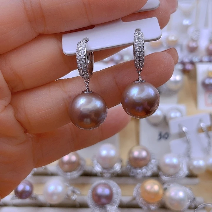 笑***开淡水珍珠耳饰银S925镶嵌