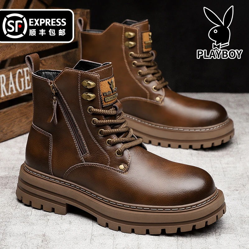 花花公子男鞋2025冬季加绒手工厚底高帮工装鞋大码马丁靴2288