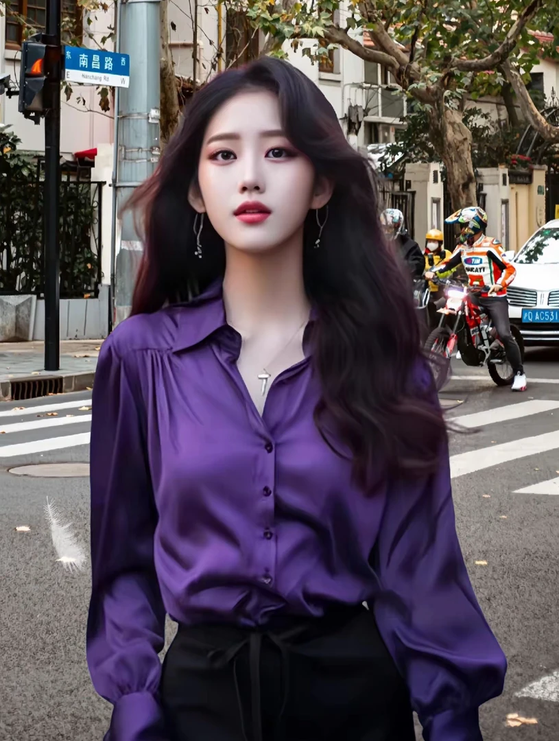 新款高级缎面葡萄紫色衬衫
