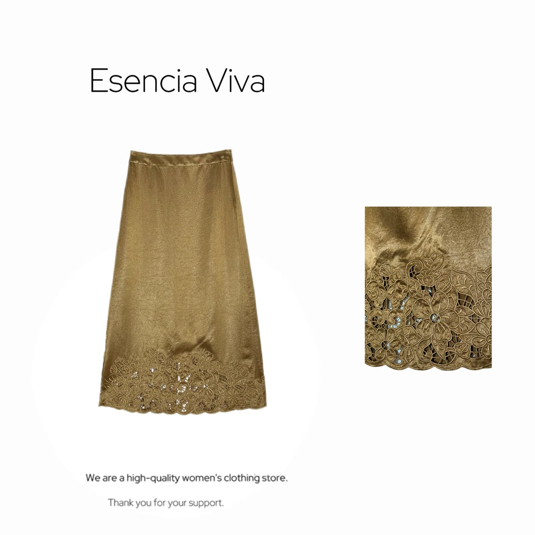 EV.【原创设计】松紧腰重工刺绣黄色醋酸绣花半身裙EVZZ0342