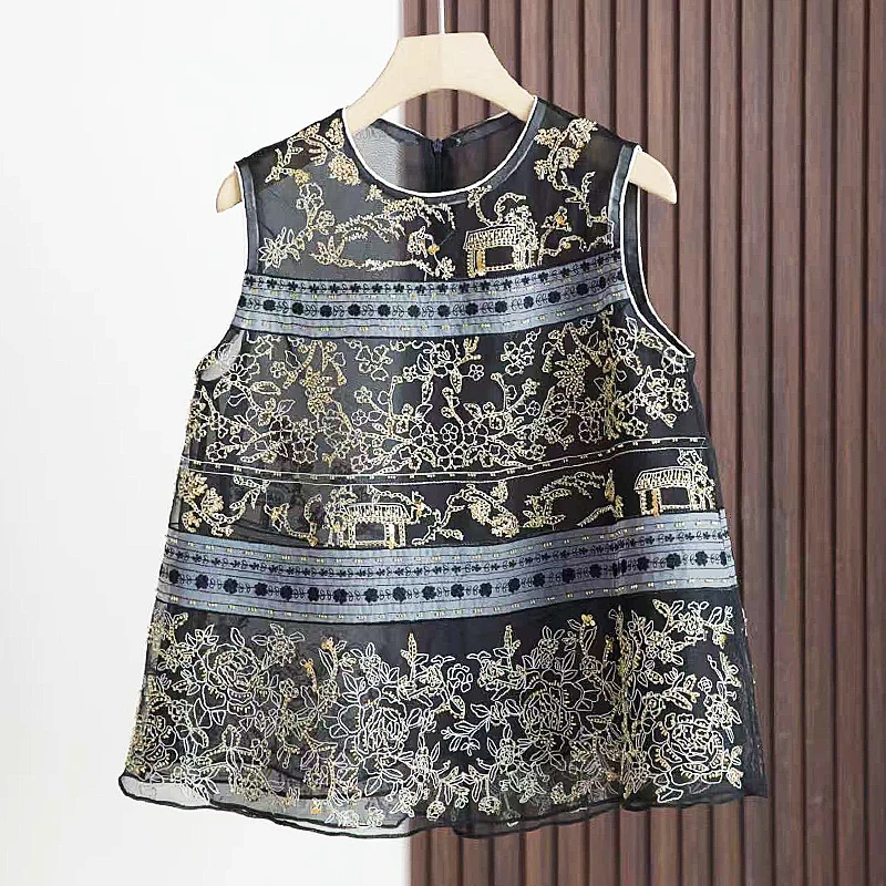 桑蚕丝新中式马甲女夏薄款无袖刺绣马夹背心复古百搭上衣外衫007