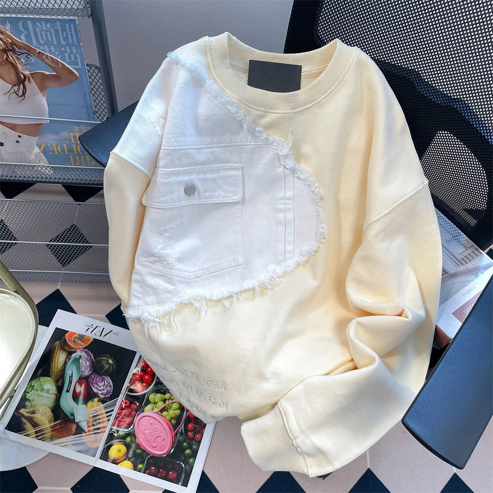 2025牛仔拼接卫衣男女宽松秋冬大码vintage设计感外套潮流上衣