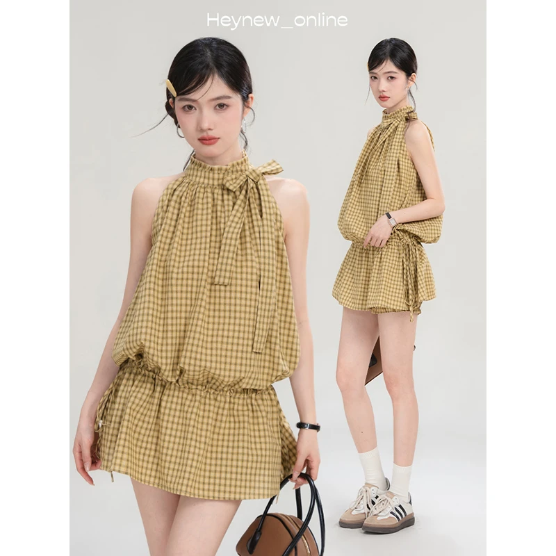 LOVEHEYNEW设计感格纹挂脖连衣裙松紧腰安全裤抽绳显瘦套装-5x366