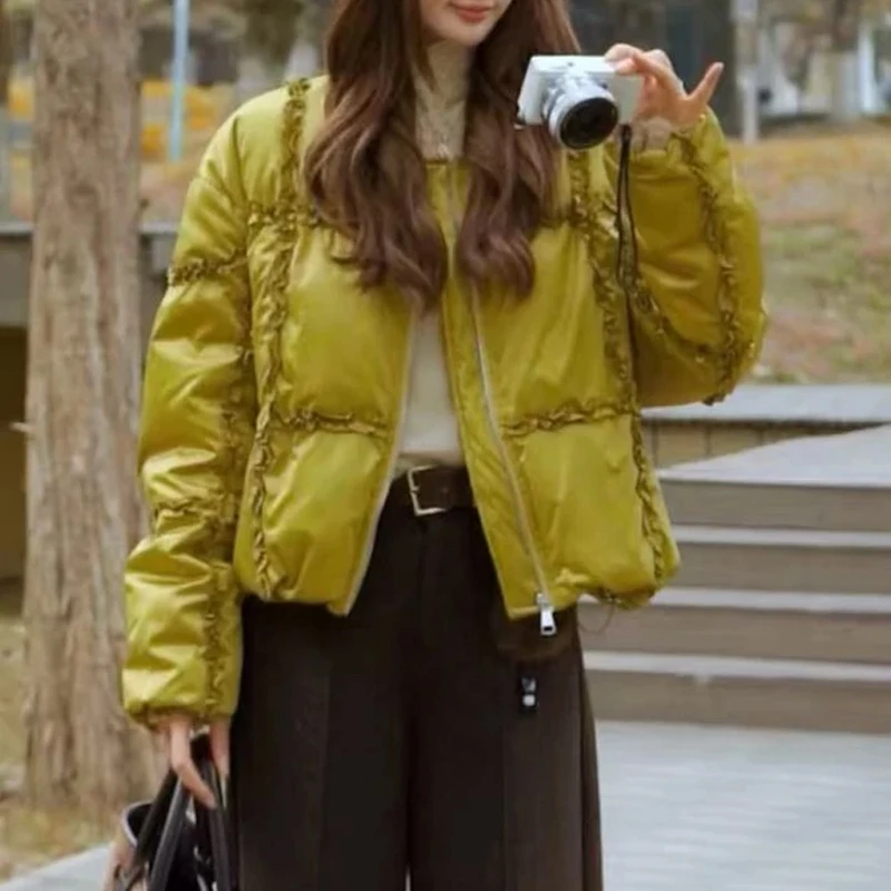 2025新款复古时尚高级感棉服女圆领气质百搭纯色设计感潮流上衣