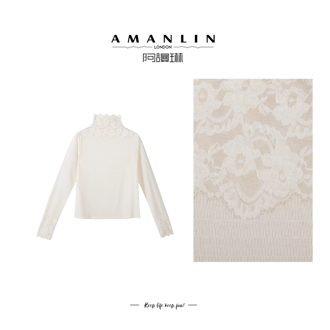【AMANLIN】秋冬穿搭设计感蕾丝花边高领针织打底显瘦上衣F595152