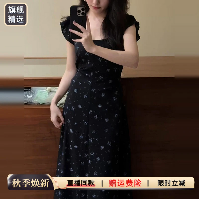 法式气质小飞袖碎花连衣裙子女夏季2025新款海边度假收腰露背长裙