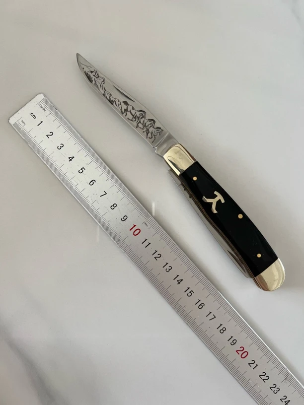 外贸尾单 黑牛角柄蚀刻印花 无锁折叠家用水果刀