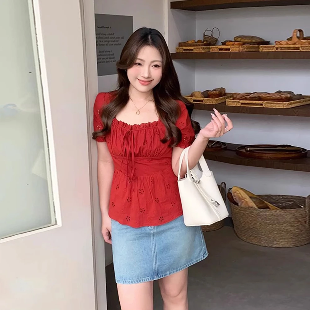 大码微胖温柔风气质修身显瘦短袖衬衫女装夏款甜美设计感法式上衣