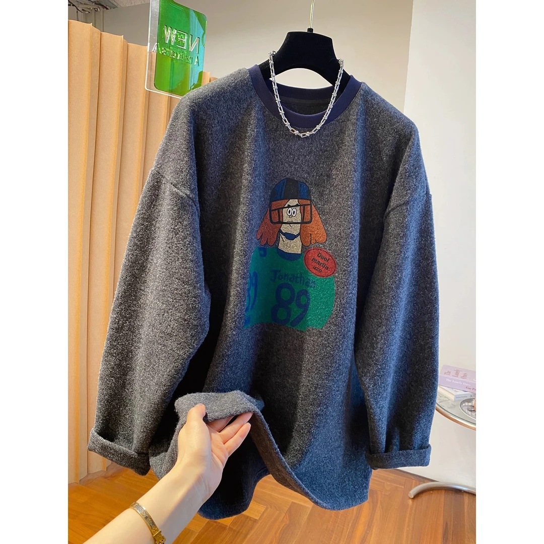 大码女装胖MM卡通磨毛加厚长袖卫衣秋冬季宽松显瘦减龄保暖内搭衫