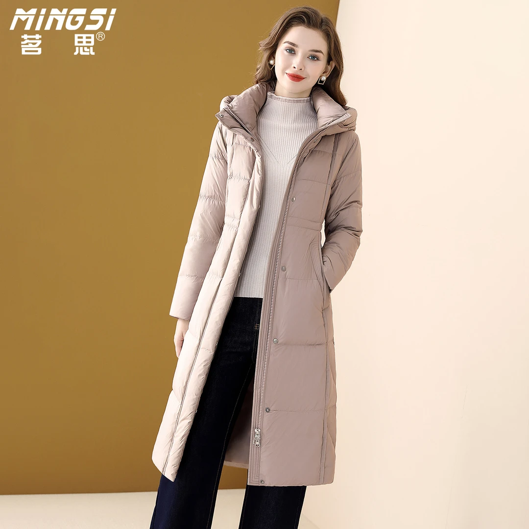 茗思时尚连帽90鸭绒中长款羽绒服女2025冬季新款通勤加厚保暖外套